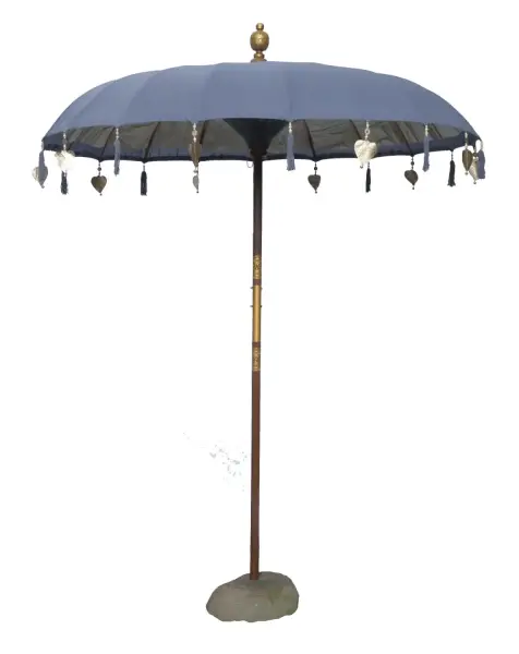 Product image 1 of the product “Bali umbrella, Dark Grey 1 with wooden coins and gold leaves hanging around the edge. Approx. 190cm dia. and 250cm height ”
